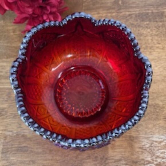 Indiana Glass Heirloom Sunset Ruby Red Carnival Glass Bowl Scalloped Rim Vintage - Picture 4 of 7